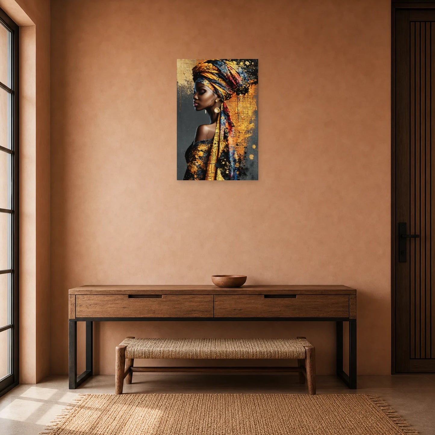 Tableau Femme Africaine de Profil - Éclat d’Ocre dans une entrée ou un couloir - Art Virtuoso