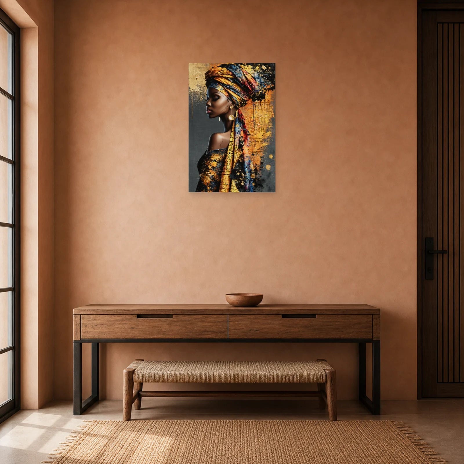 Tableau Femme Africaine de Profil - Éclat d’Ocre dans une entrée ou un couloir - Art Virtuoso