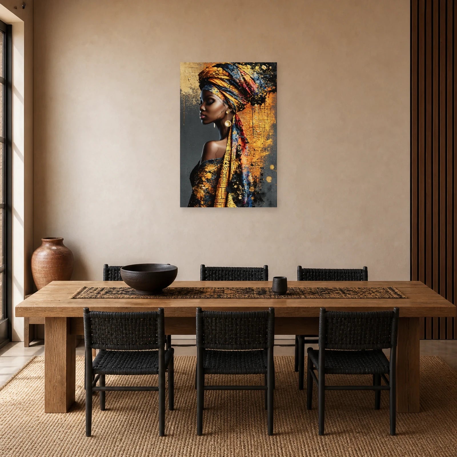 Tableau Femme Africaine de Profil - Éclat d’Ocre dans une salle à manger - Art Virtuoso