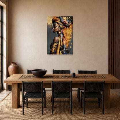 Tableau Femme Africaine de Profil - Éclat d’Ocre dans une salle à manger - Art Virtuoso