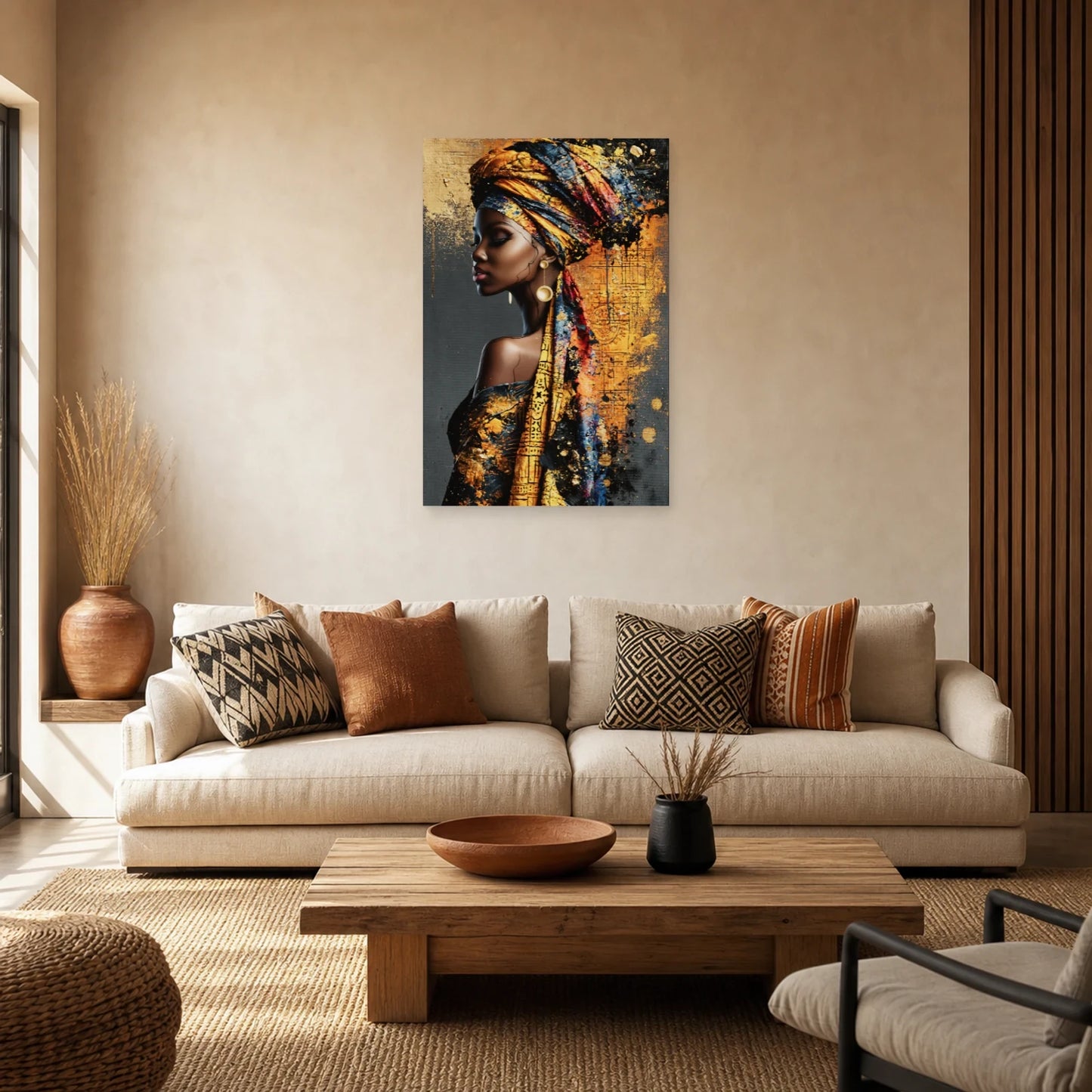 Tableau Femme Africaine de Profil - Éclat d’Ocre dans un salon - Art Virtuoso