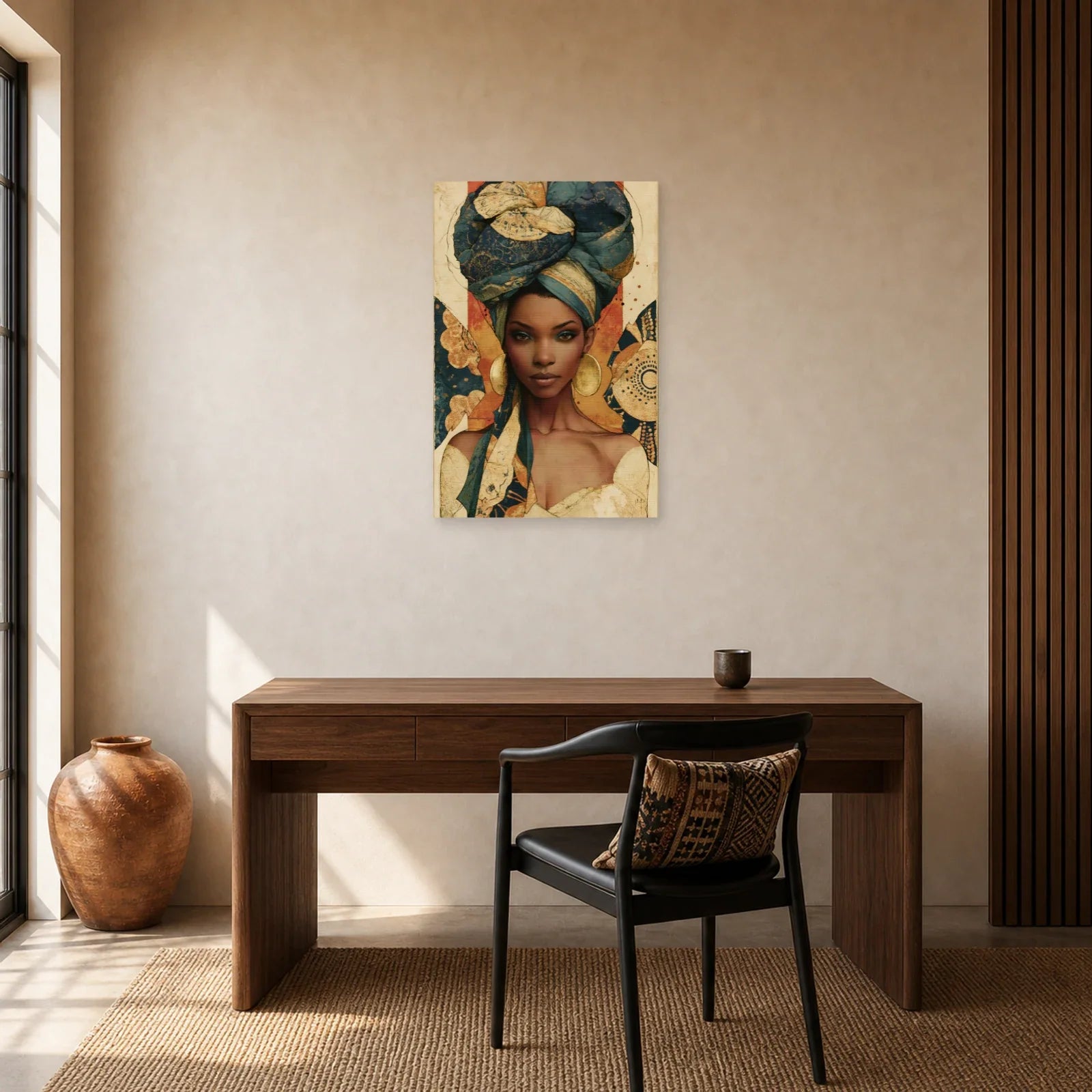 Tableau Femme Africaine Wax Terracotta dans un bureau - Art Virtuoso
