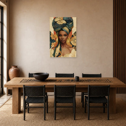 Tableau Femme Africaine Wax Terracotta dans une salle à manger - Art Virtuoso