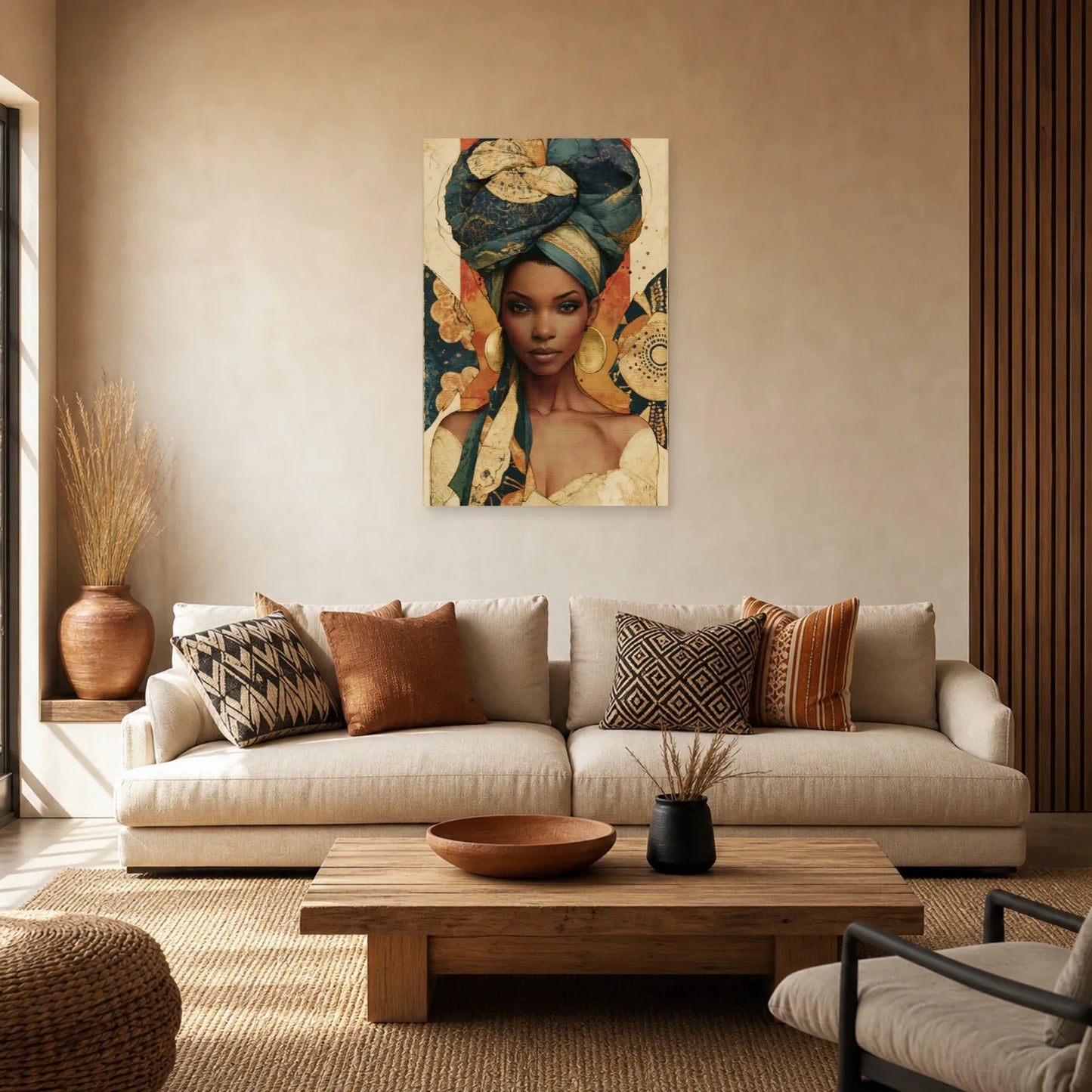 Tableau Femme Africaine Wax Terracotta dans un salon - Art Virtuoso