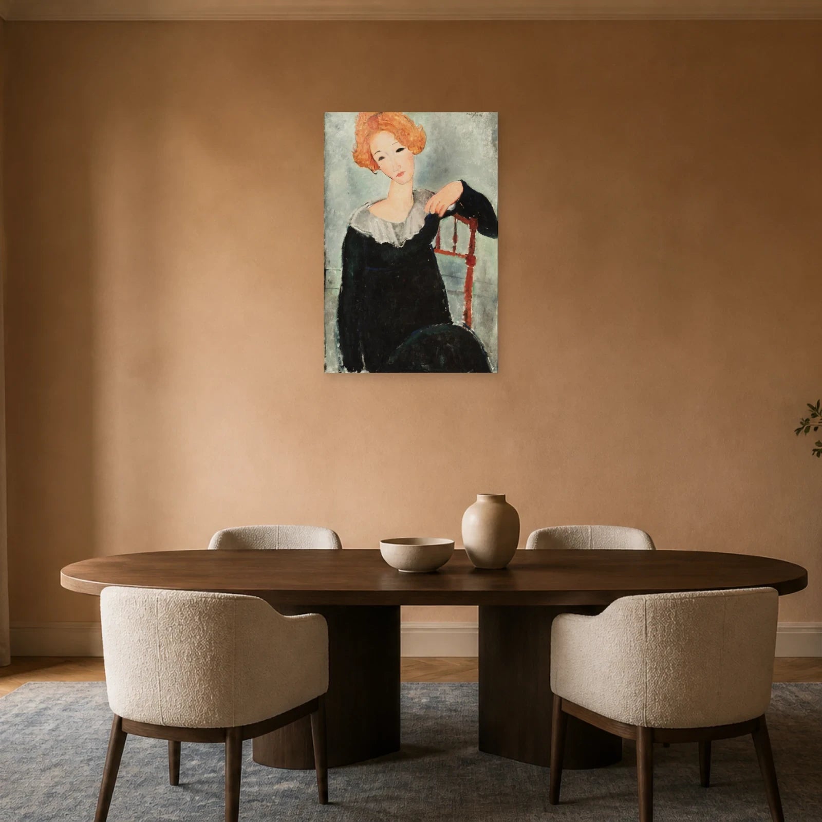 Tableau Femme aux cheveux roux – Amedeo Modigliani dans une salle à manger - Art Virtuoso