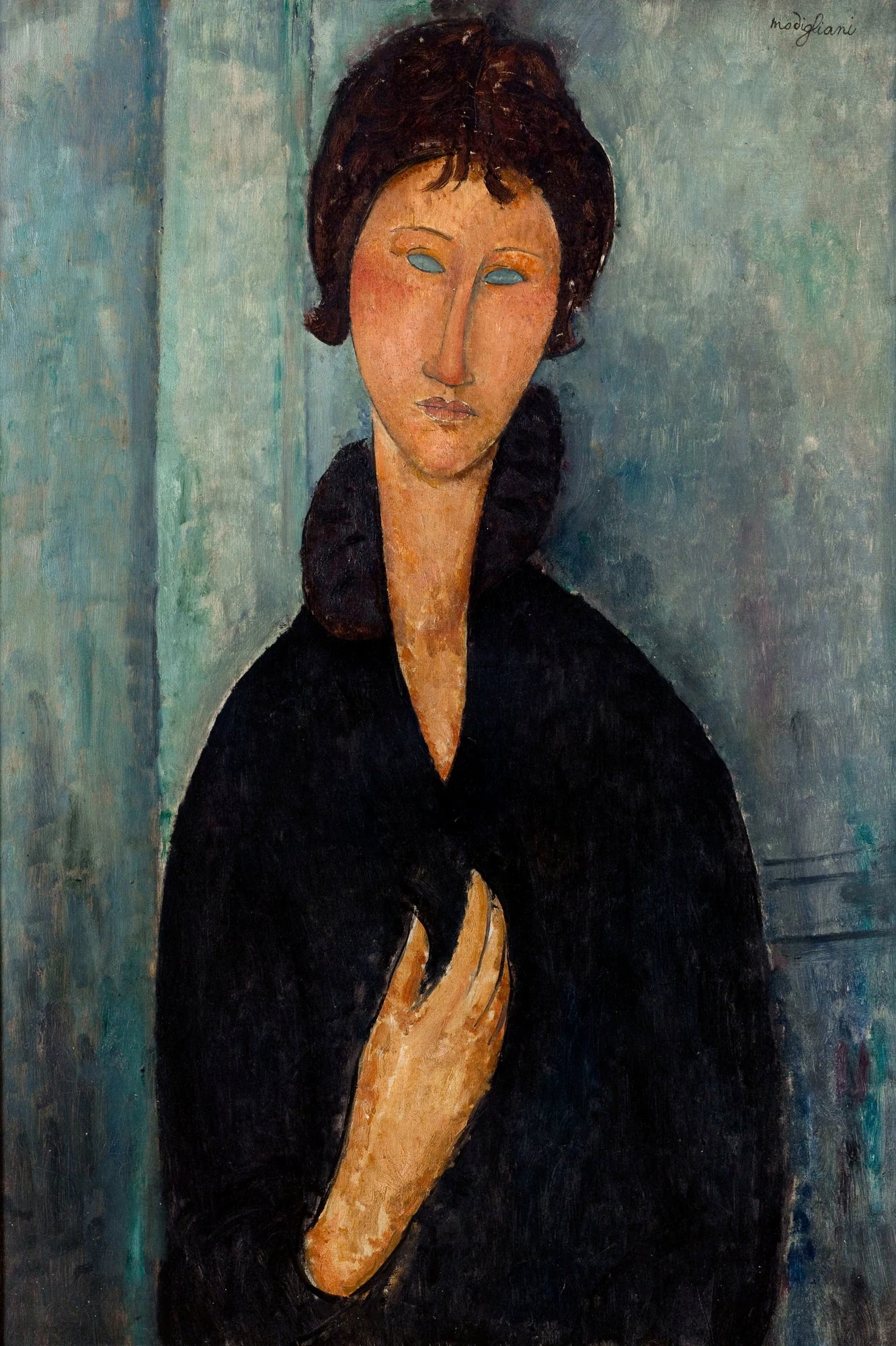Femme aux yeux bleus d’Amedeo Modigliani – une femme vêtue de noir pose une main contre sa poitrine – format M