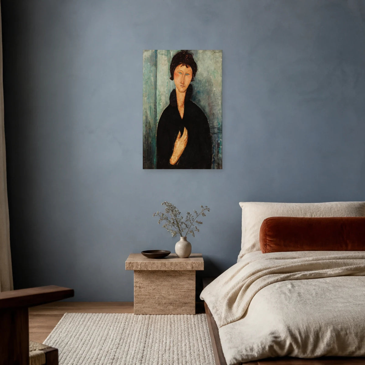 Tableau Femme aux yeux bleus – Amedeo Modigliani dans une chambre - Art Virtuoso