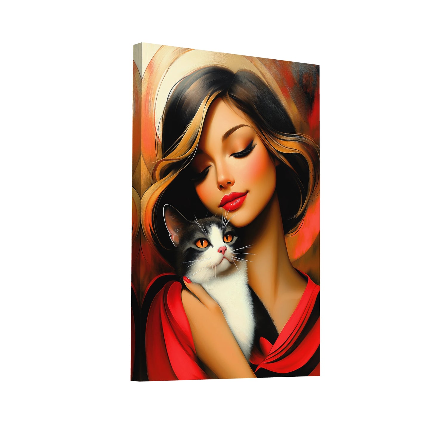 Product Hero 3D WebP Tableau Femme avec Chat - Complicité en Rouge - Art Virtuoso