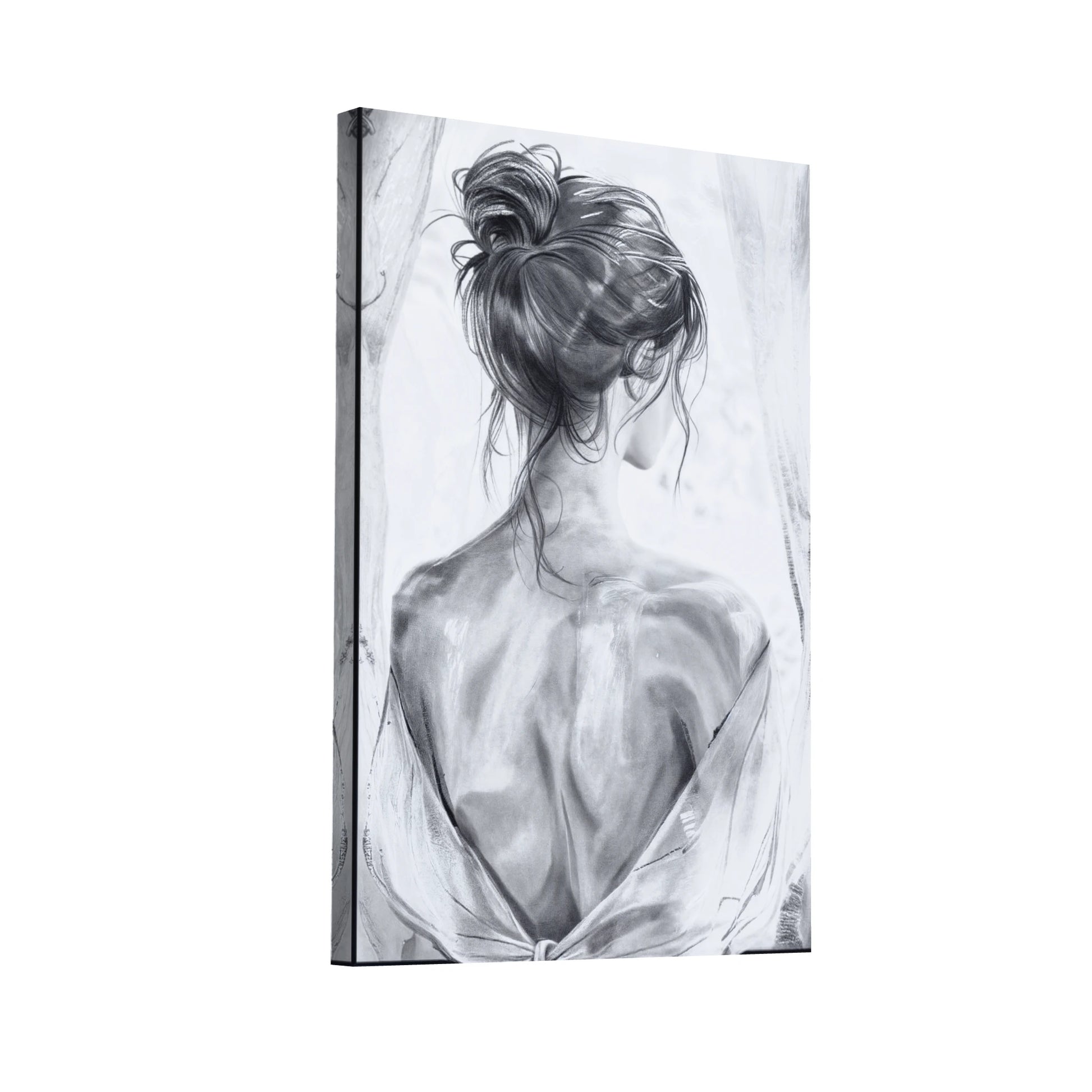 Product Hero 3D WebP Tableau Femme de Dos Noir et Blanc - Élégance Éthérée - Art Virtuoso