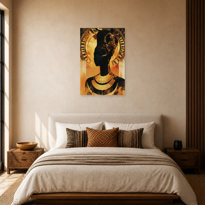 Tableau Femme Noire Dorée Wax dans une chambre - Art Virtuoso