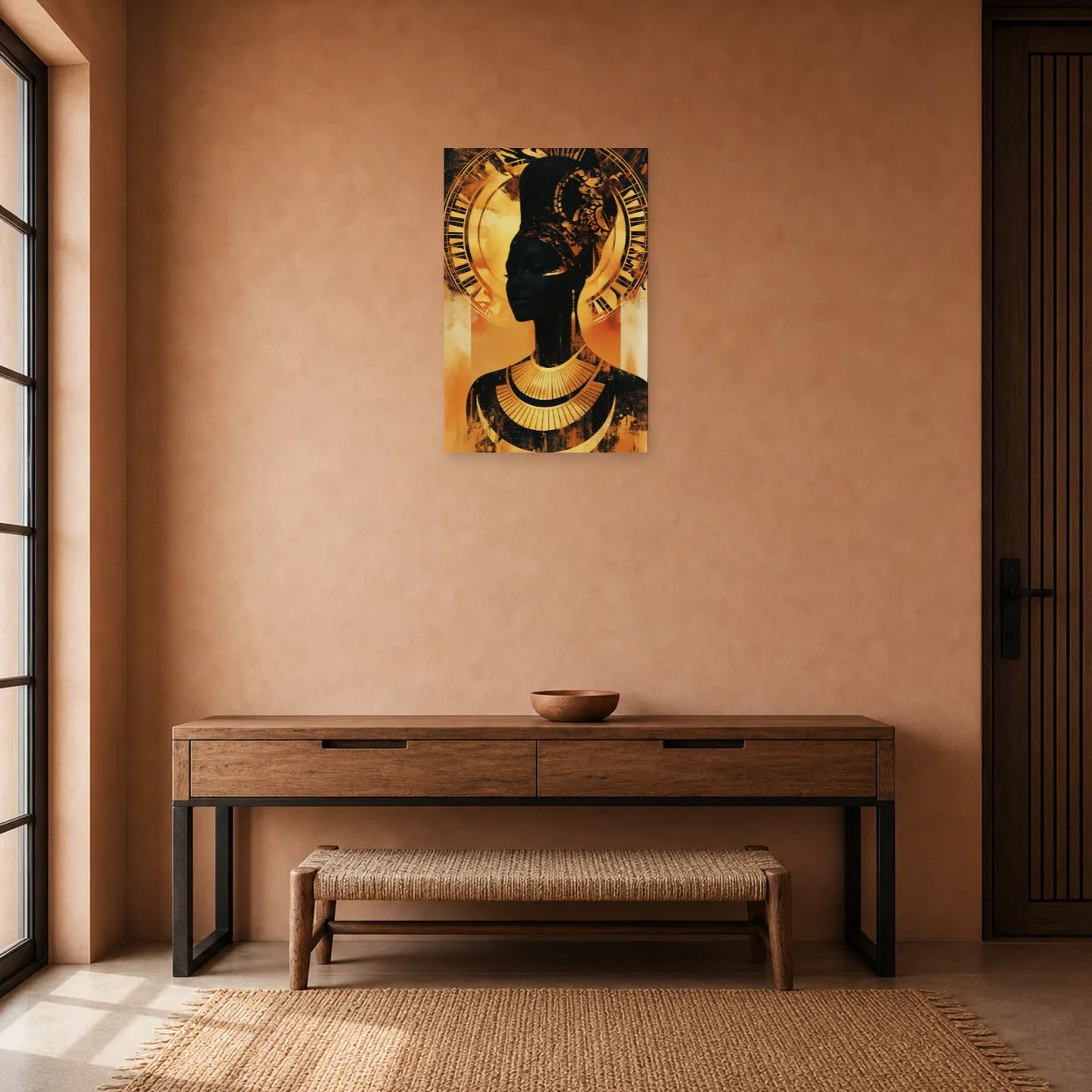 Tableau Femme Noire Dorée Wax dans une entrée ou un couloir - Art Virtuoso