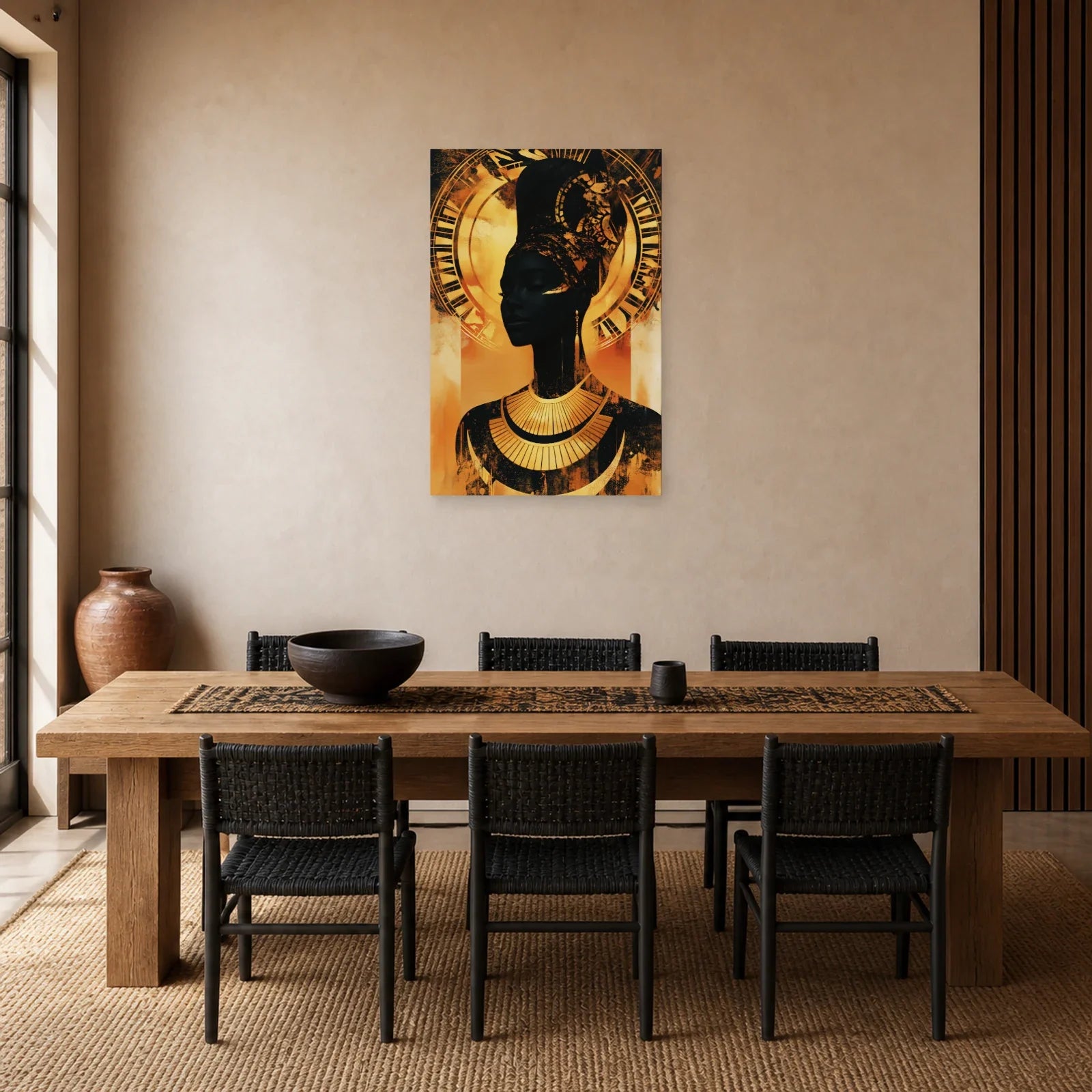 Tableau Femme Noire Dorée Wax dans une salle à manger - Art Virtuoso