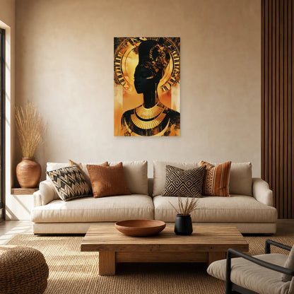 Tableau Femme Noire Dorée Wax dans un salon - Art Virtuoso