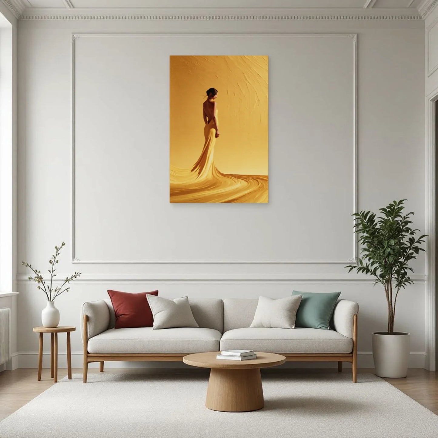 Portrait de femme en robe jaune dans un salon contemporain par Art Virtuoso