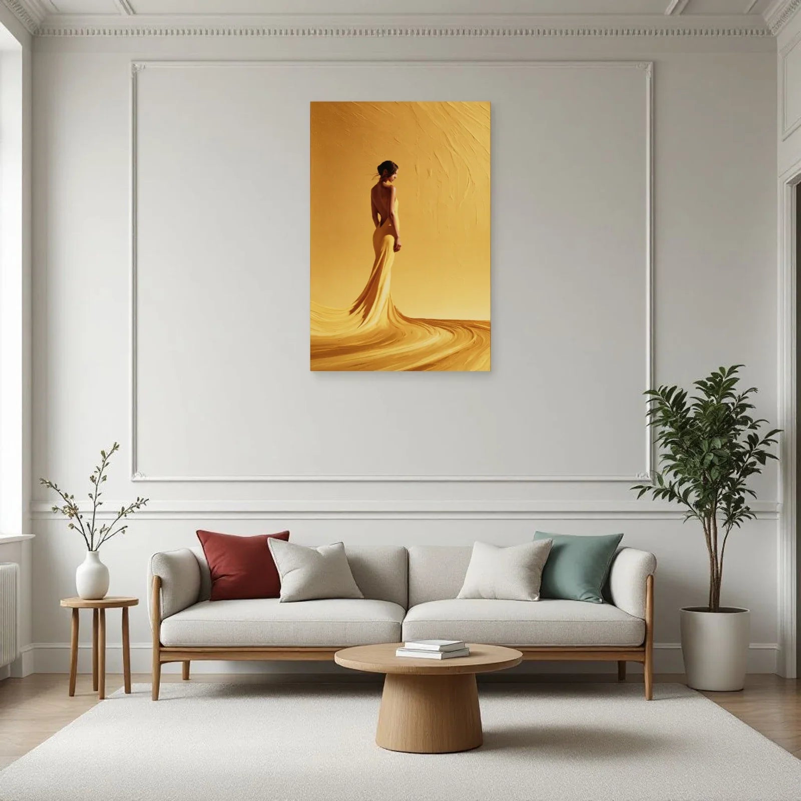 Portrait de femme en robe jaune dans un salon contemporain par Art Virtuoso