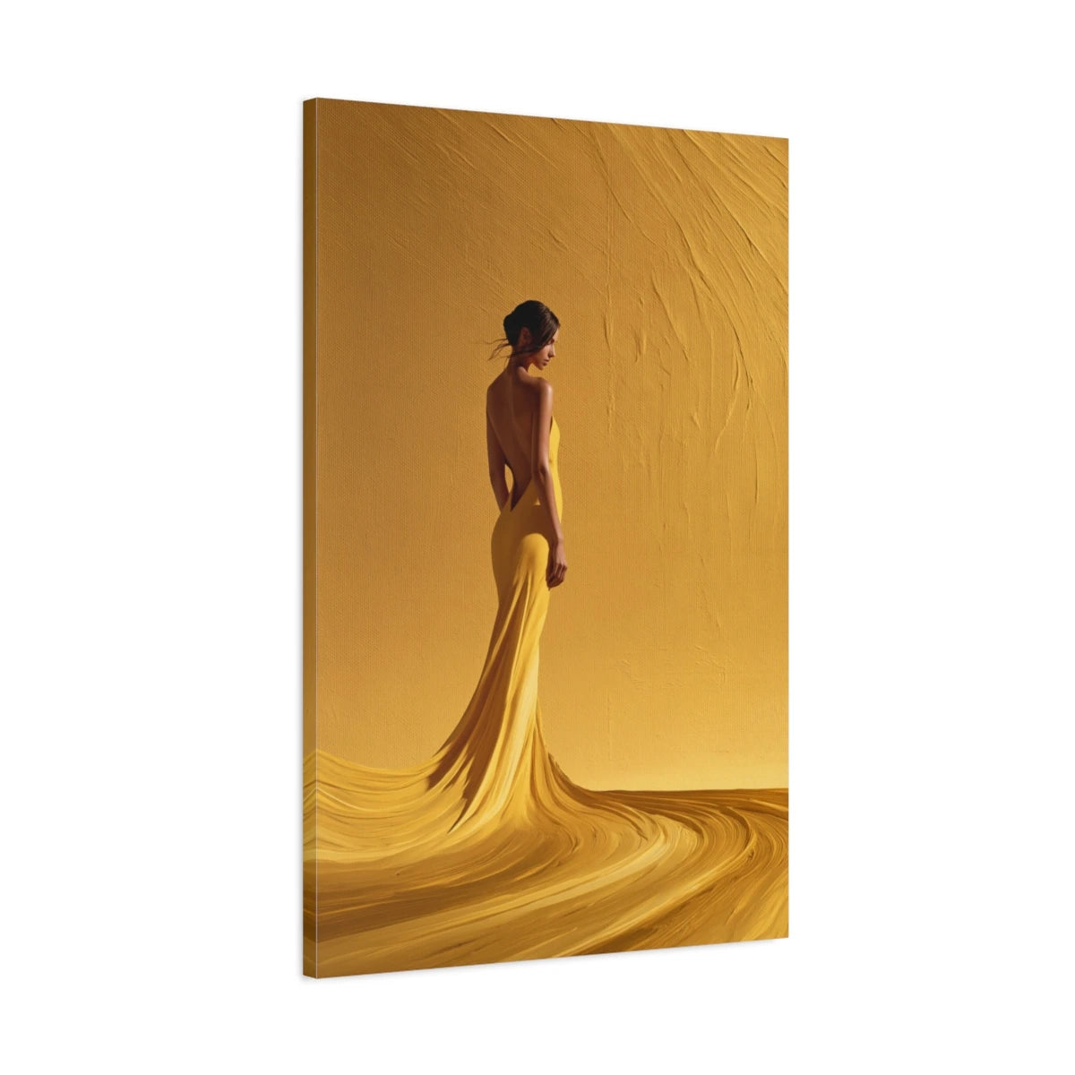 Tableau Femme Robe Jaune Monochrome - Silhouette Solaire - toile 3D avec bords imprimés - Art Virtuoso