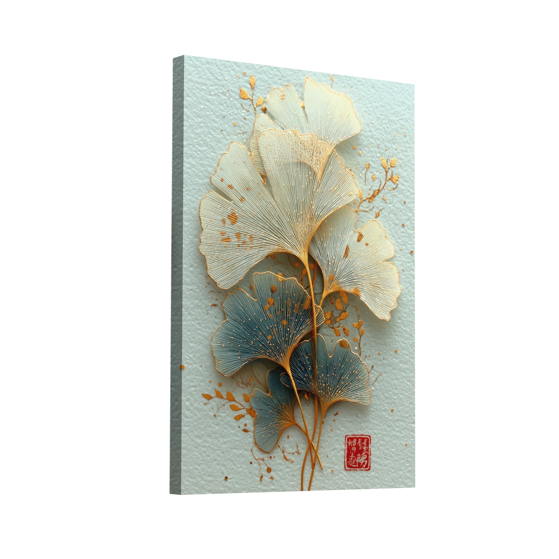 Product Hero 3D WebP Tableau Feuille de Ginkgo – Arabesque d’Or et de Céladon - Art Virtuoso