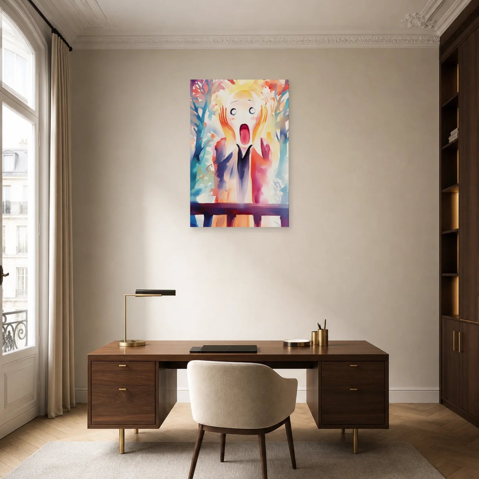Tableau aquarelle au visage stupéfait installé dans un bureau