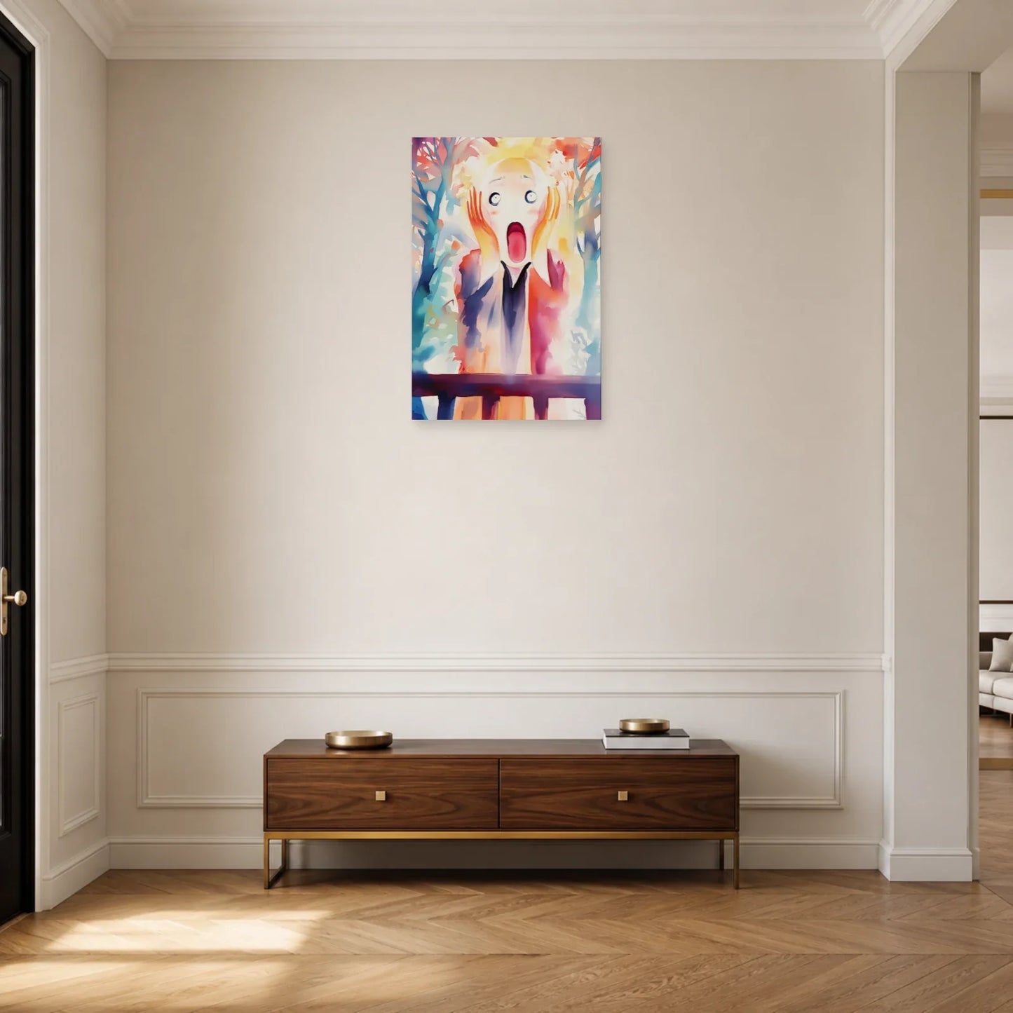 Tableau Le Cri revisité présenté dans une entrée contemporaine