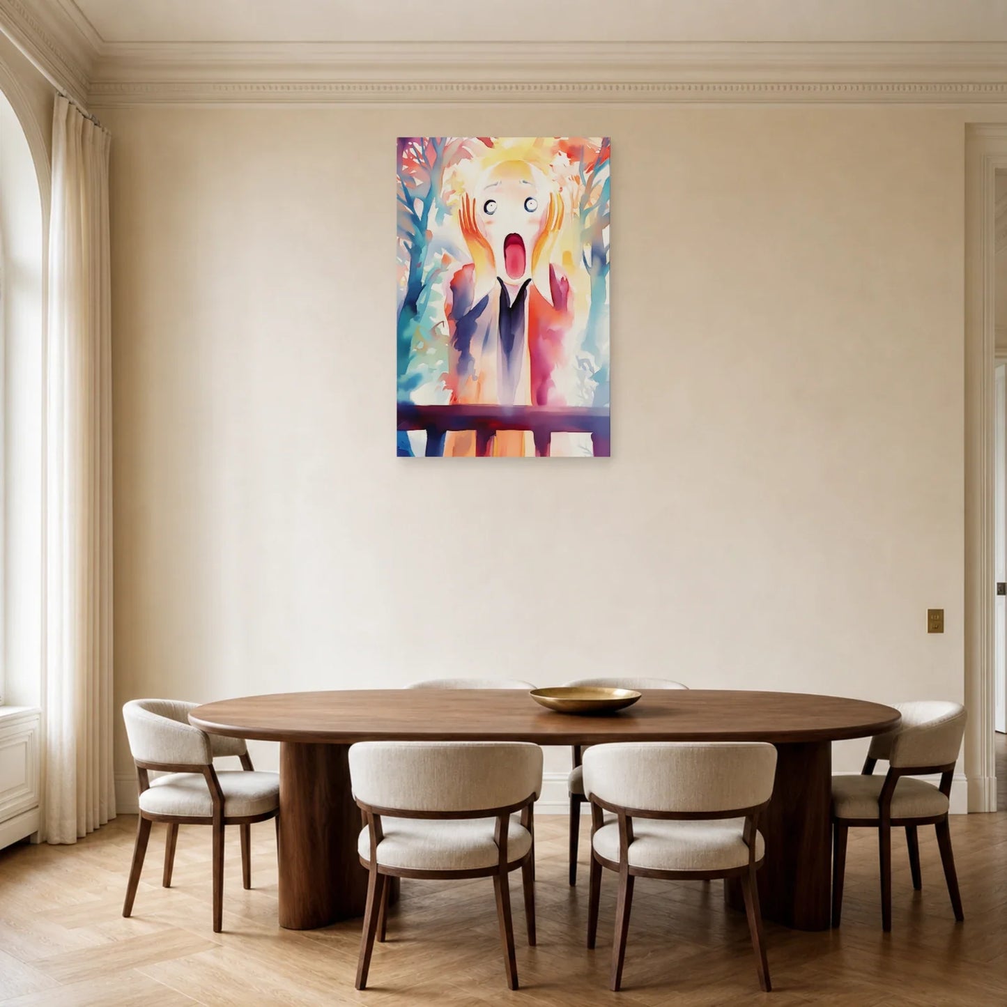 Tableau expressionniste multicolore dans une salle à manger