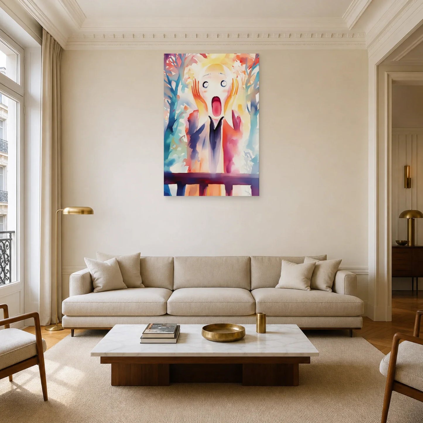 Tableau Le Cri coloré exposé dans un salon lumineux