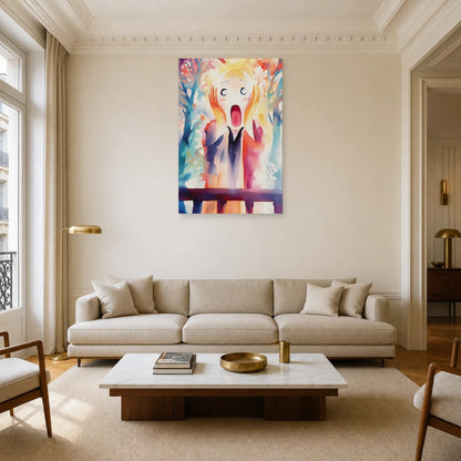 Tableau Le Cri coloré exposé dans un salon lumineux