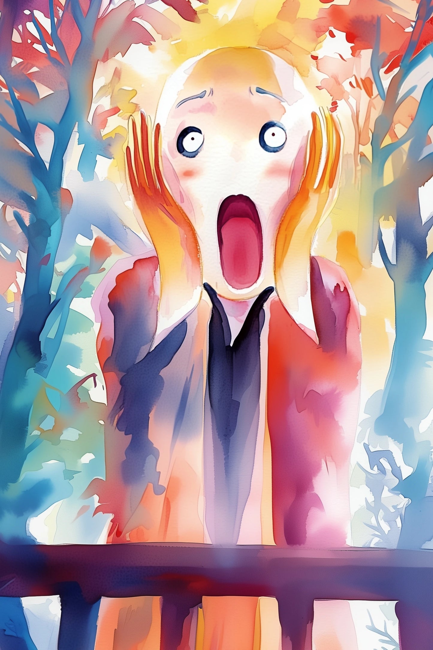 Tableau aquarelle corail, jaune, cyan et violet, format XL