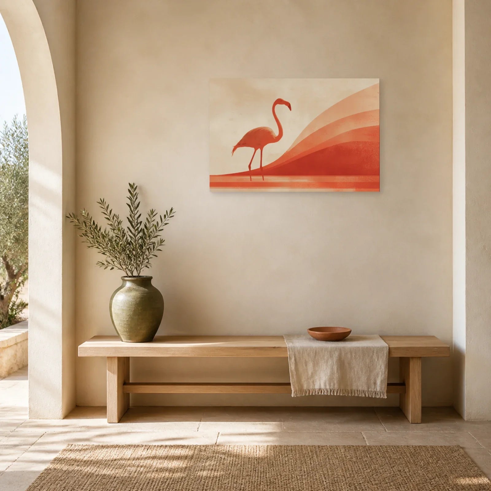 Tableau Flamant Rose Terracotta dans une entree ou un couloir - Art Virtuoso