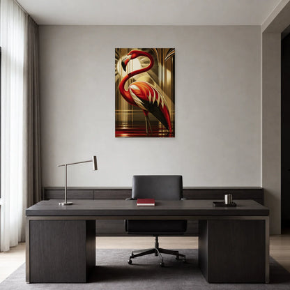 Tableau flamant géométrique rouge et noir présenté dans un bureau