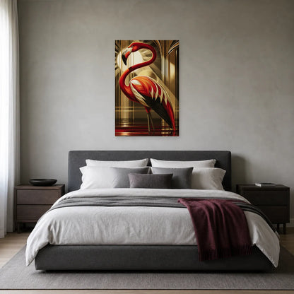 Tableau flamant rouge sur fond couleur or présenté dans une chambre