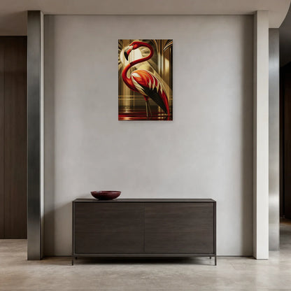 Tableau flamant rouge Art Déco présenté dans une entrée