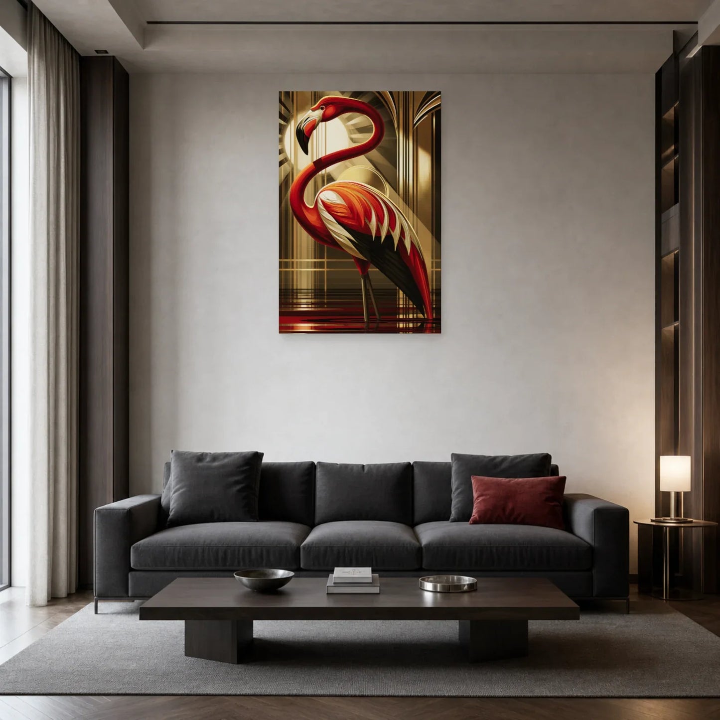 Tableau vertical au flamant rubis présenté dans un salon