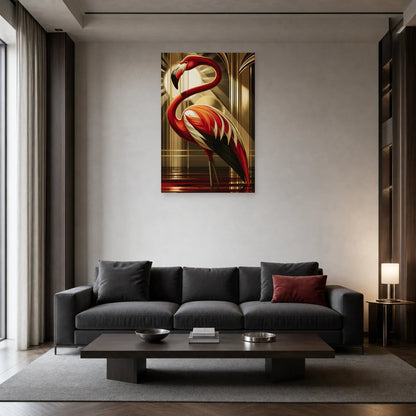 Tableau vertical au flamant rubis présenté dans un salon