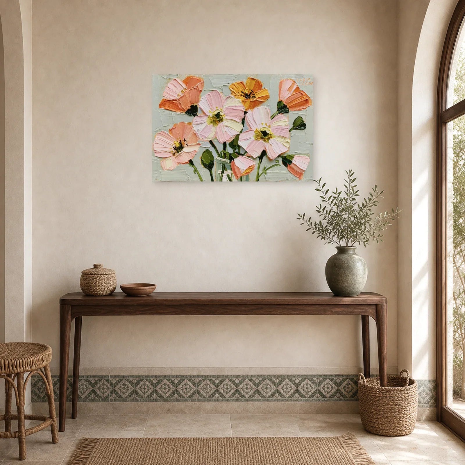 Tableau Fleurs Abstraites Peinture Huile - Petales Libres dans une entree ou un couloir - Art Virtuoso