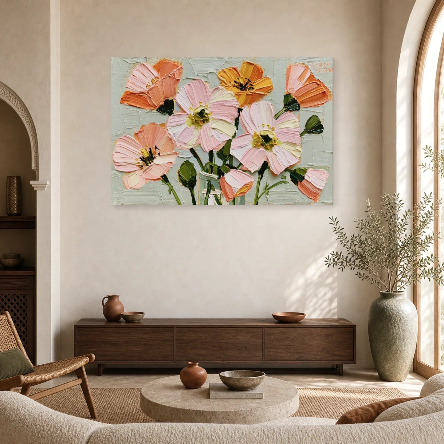 Tableau Fleurs Abstraites Peinture Huile - Petales Libres dans un salon - Art Virtuoso