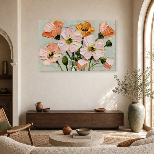 Tableau Fleurs Abstraites Peinture Huile - Petales Libres dans un salon - Art Virtuoso