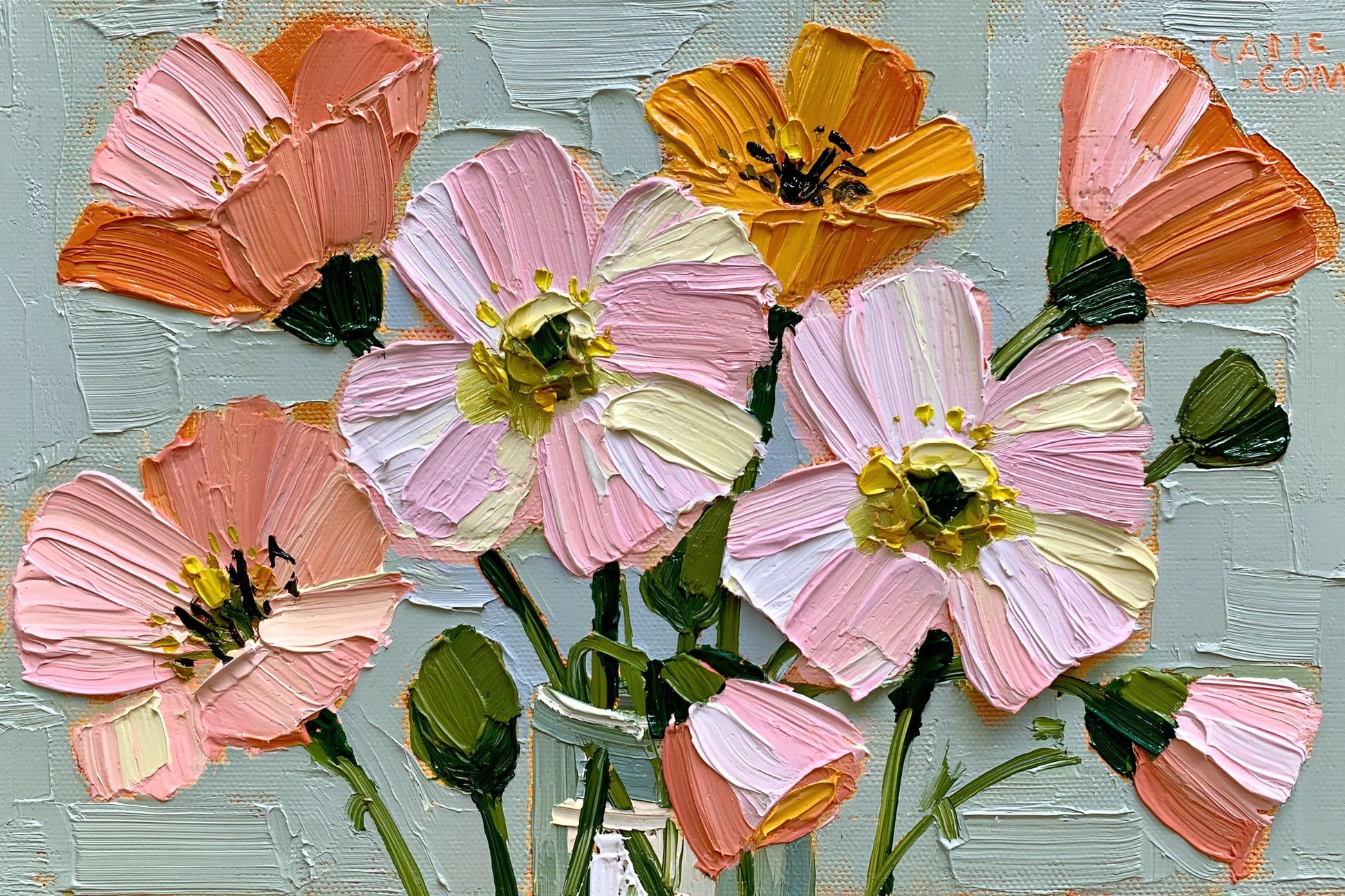 Tableau fleurs abstraites peinture huile roses oranges et creme - format S