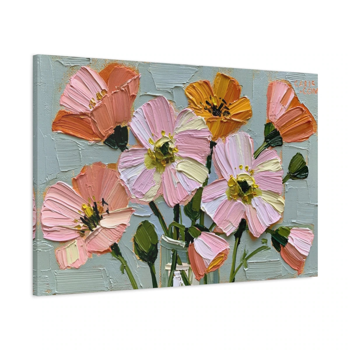 Tableau fleurs abstraites peinture huile roses oranges et creme - toile 3D avec bords imprimés visibles