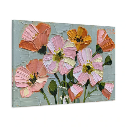 Tableau fleurs abstraites peinture huile roses oranges et creme - toile 3D avec bords imprimés visibles