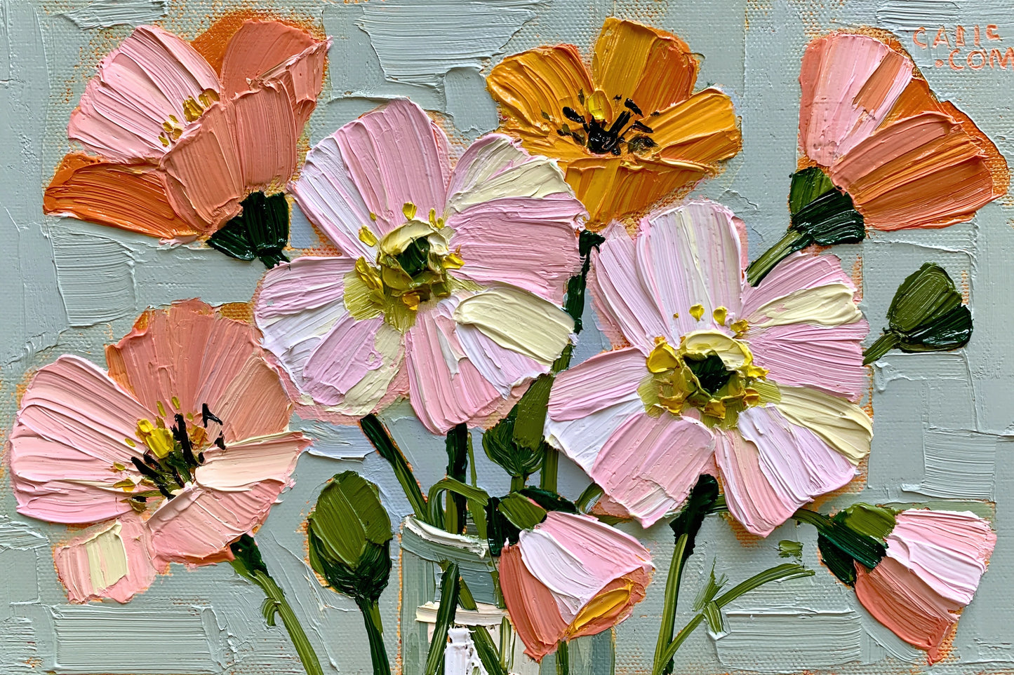 Tableau fleurs abstraites peinture huile roses oranges et creme - format XL
