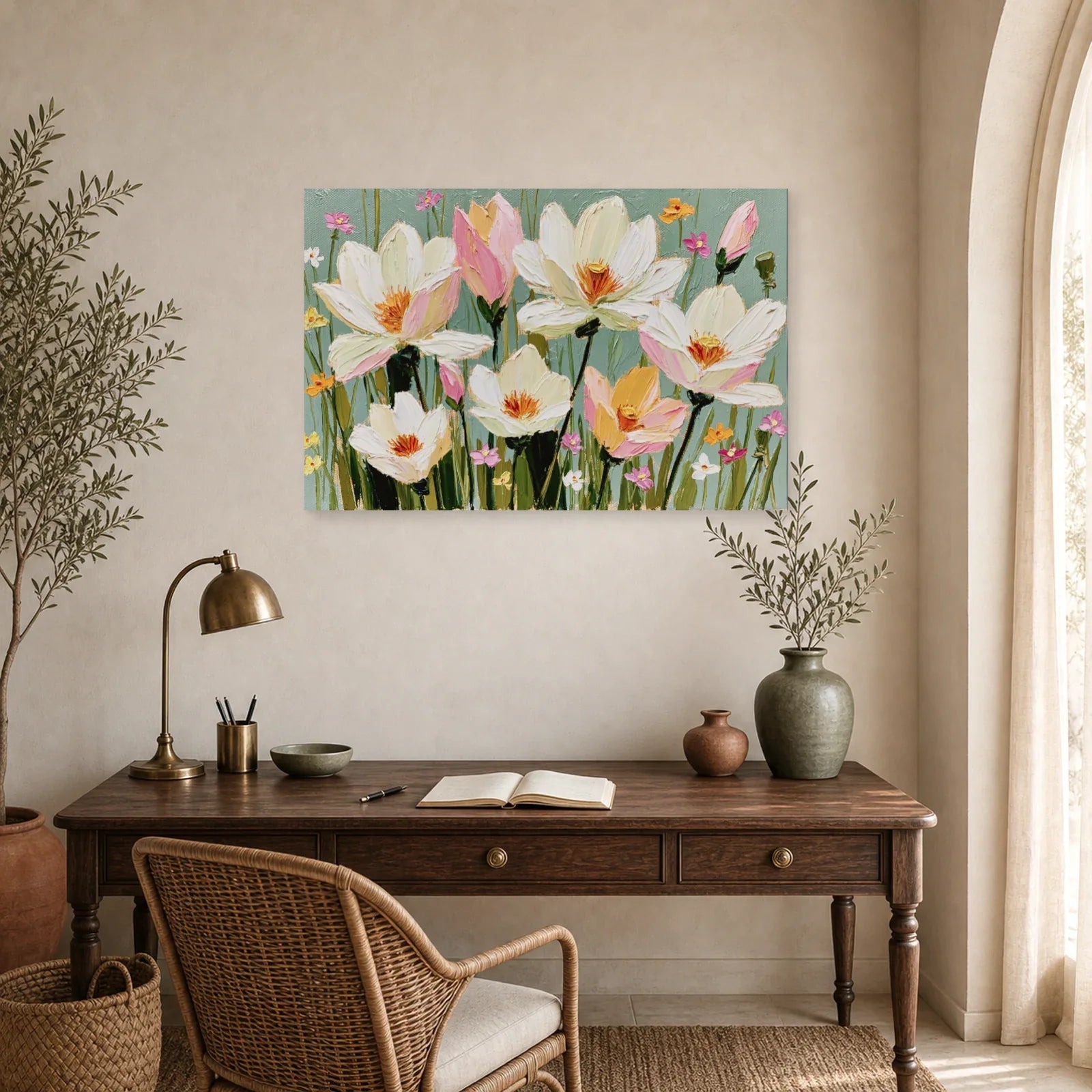 Tableau Fleurs Blanches Huile - Jardin Clair dans un bureau - Art Virtuoso