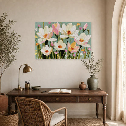 Tableau Fleurs Blanches Huile - Jardin Clair dans un bureau - Art Virtuoso