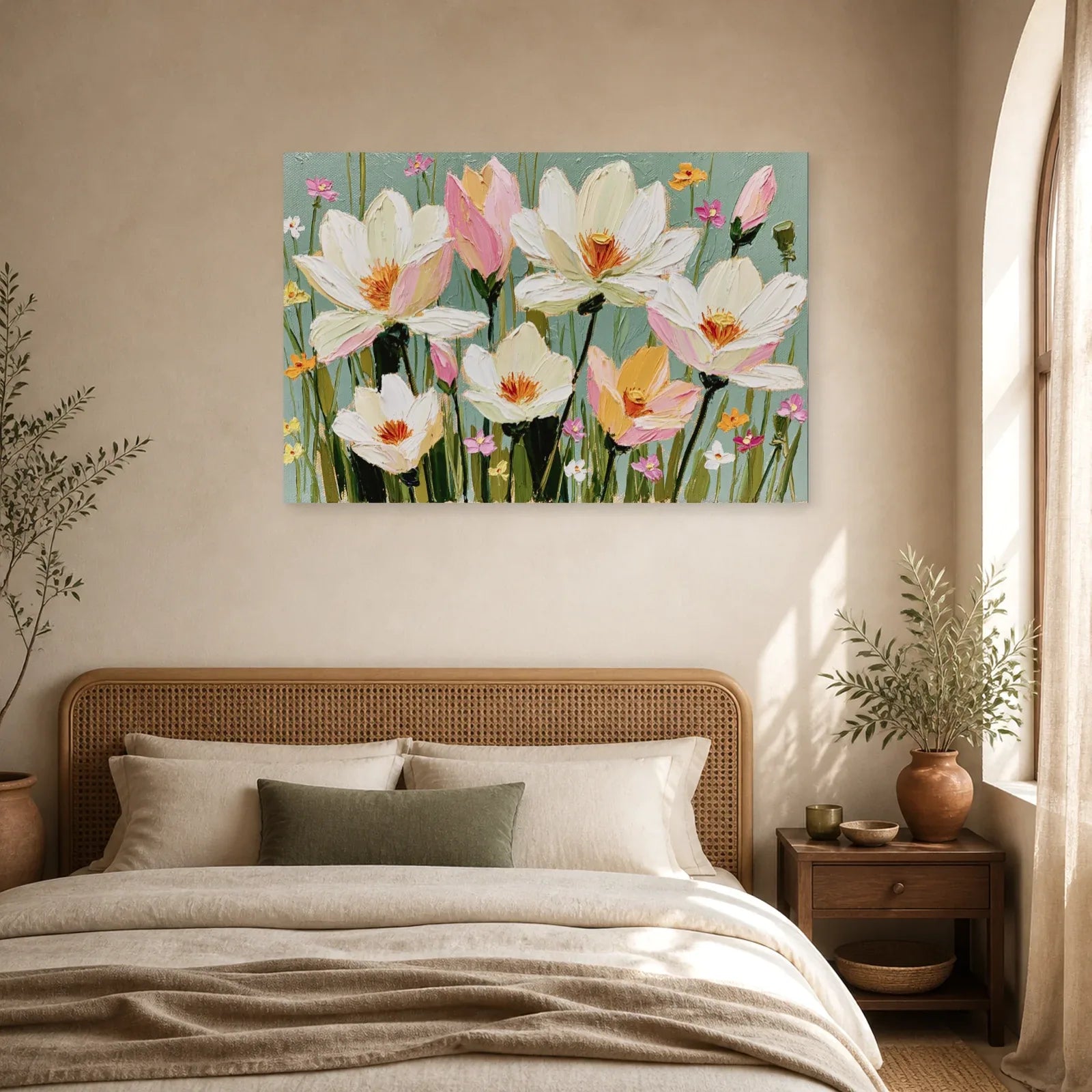 Tableau Fleurs Blanches Huile - Jardin Clair dans une chambre - Art Virtuoso