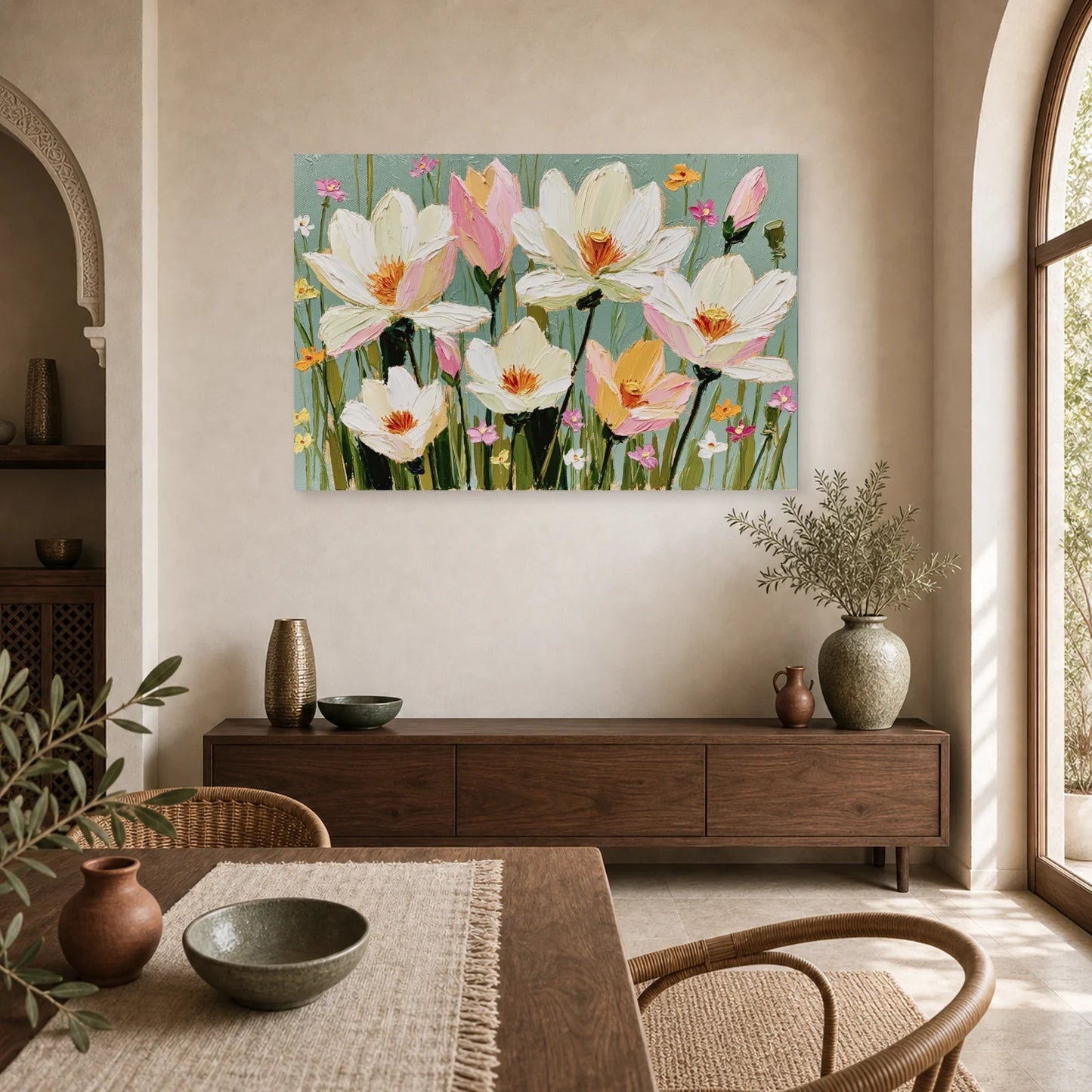 Tableau Fleurs Blanches Huile - Jardin Clair dans une cuisine - Art Virtuoso
