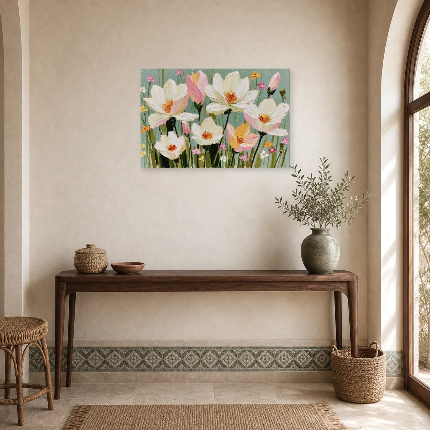 Tableau Fleurs Blanches Huile - Jardin Clair dans une entree ou un couloir - Art Virtuoso