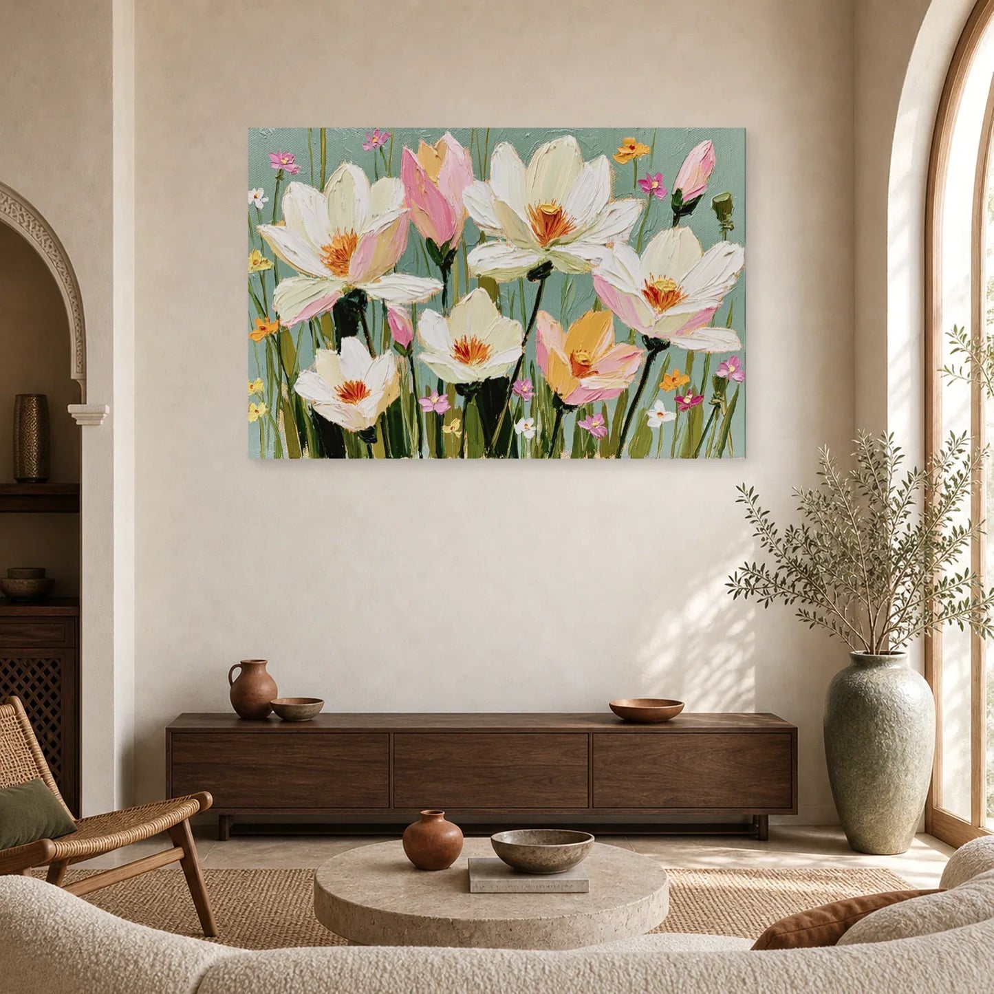 Tableau Fleurs Blanches Huile - Jardin Clair dans un salon - Art Virtuoso