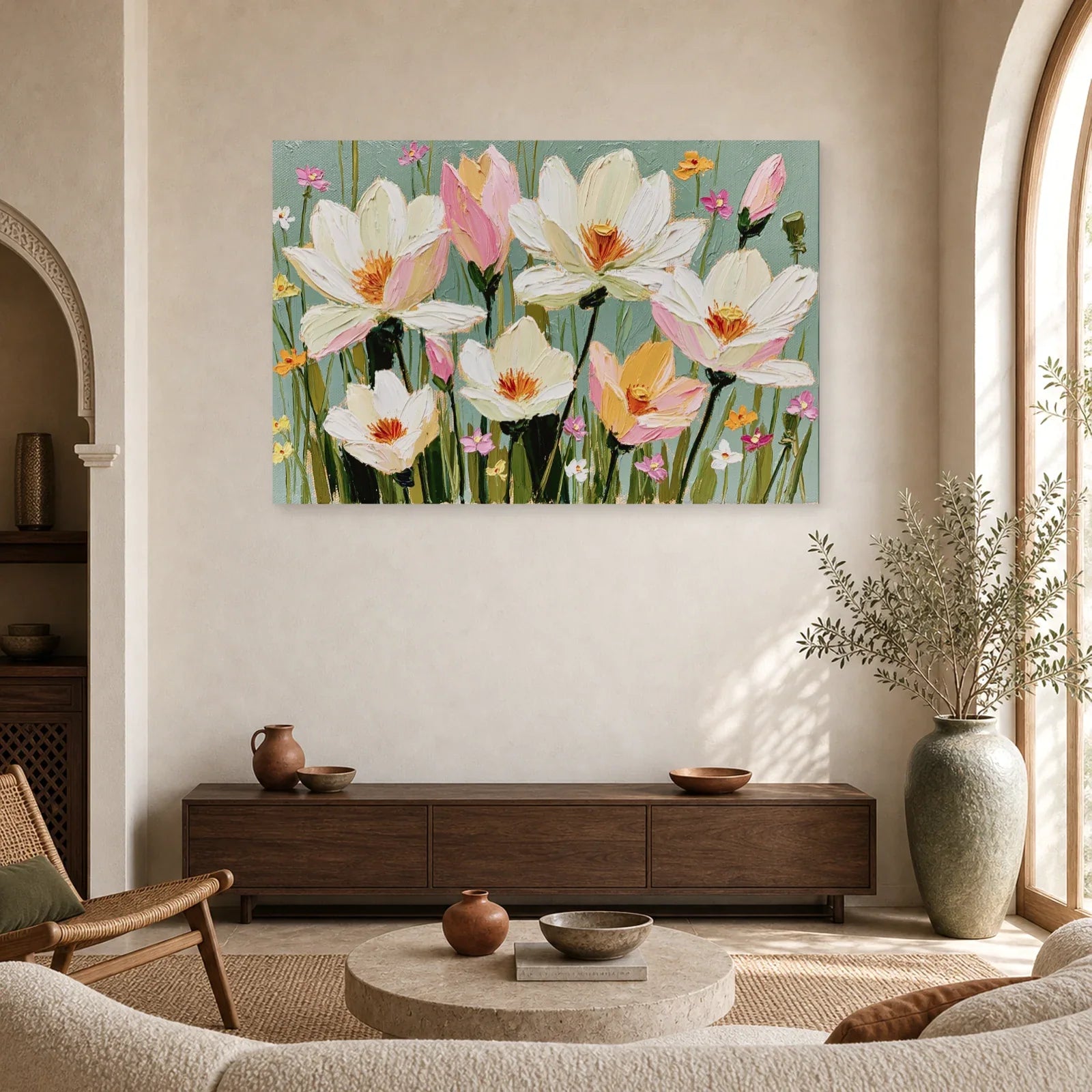 Tableau Fleurs Blanches Huile - Jardin Clair dans un salon - Art Virtuoso
