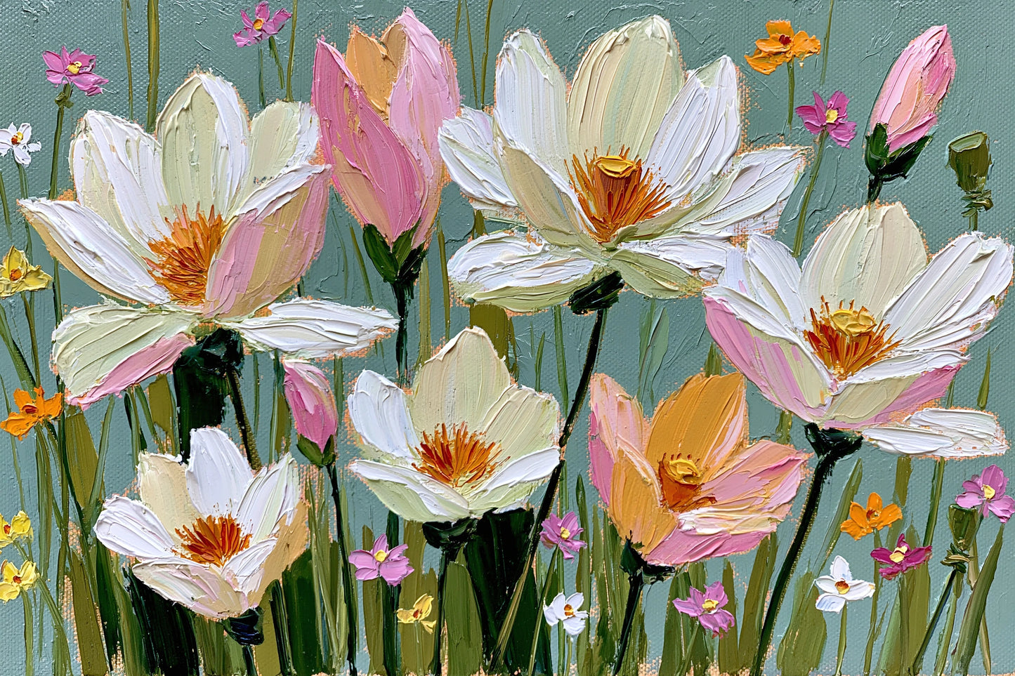 Tableau fleurs blanches peinture huile sur fond vert bleuté - format S
