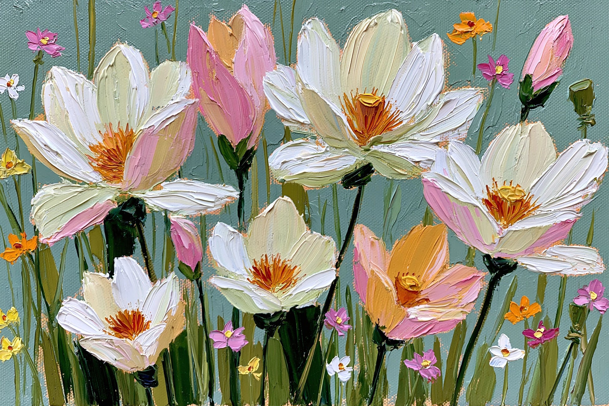 Tableau fleurs blanches peinture huile sur fond vert bleuté - format S