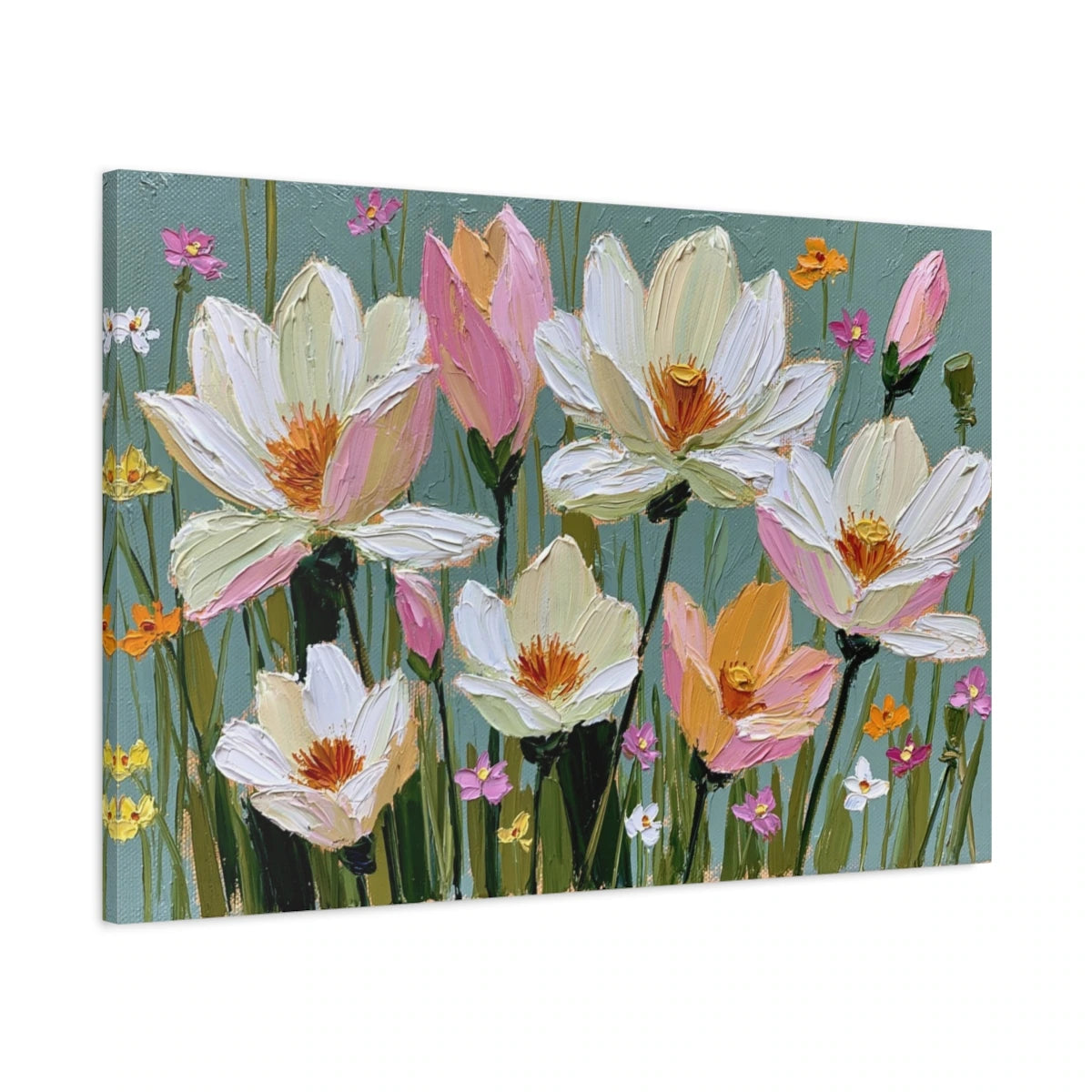Tableau fleurs blanches peinture huile sur fond vert bleuté - toile 3D avec bords imprimés visibles